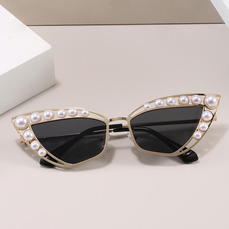 Неполяризованные женские солнцезащитные очки в европейском американском стиле в форме кошачьего глаза с жемчужным украшением