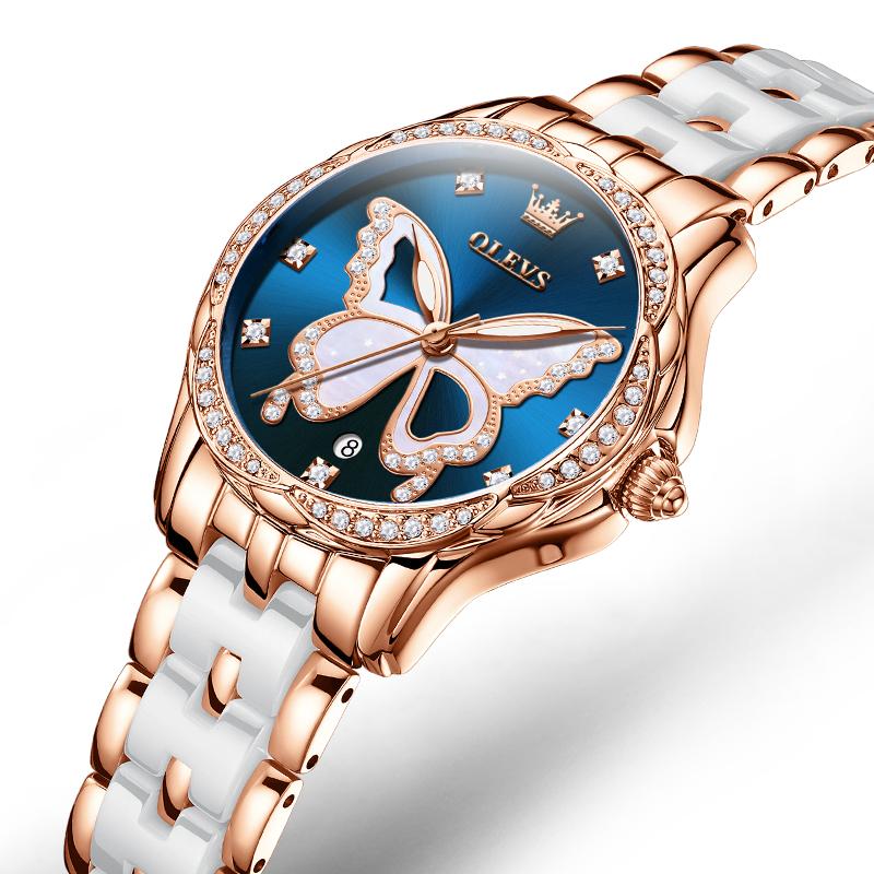 OLEVS Women Watch Luxury Butterfly Diamond Rose Gold Ceramics Steel Watches Quartz Waterproof Luminous Ladies Wristwatches