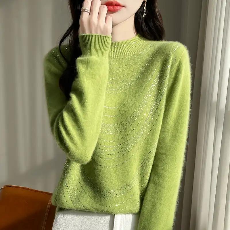 Женский свитер Осень Зима Утепленный пуловер Теплый вязаный в полоску с круглым вырезом Базовый слой Эластичный с длинным рукавом Оверсайз Джемпер Топы