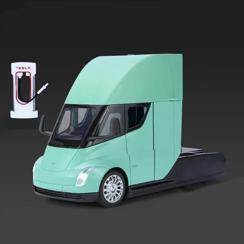 1/24 Tesla Semi Trailer Truck Alloy Diecast Car Model with Sound and Light Pull Back Truck Vehicle Model Boy Collection Gift