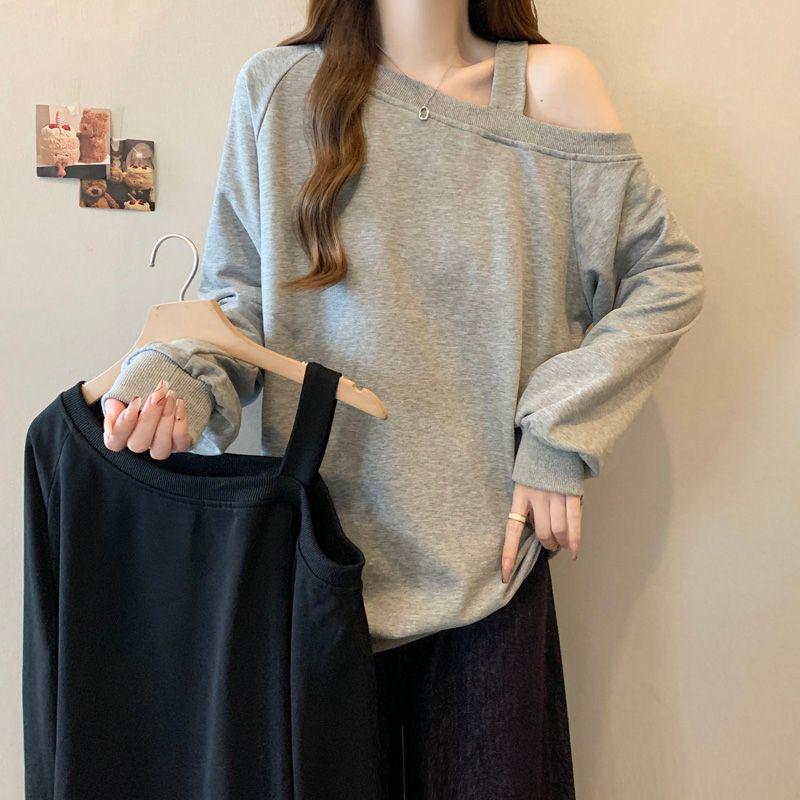 Women's Retro Black One-Shoulder Hoodie - Stylish Loose Fit for Spring & Autumn