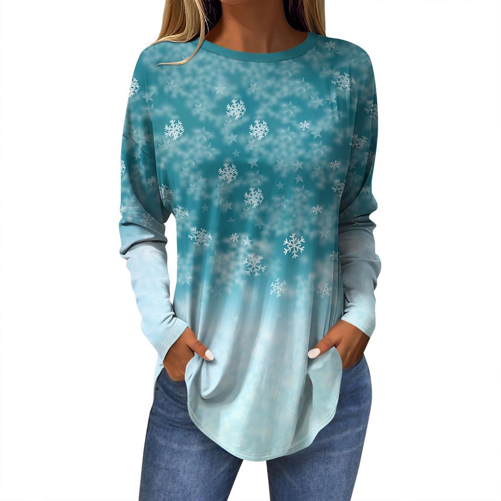 Женская модная повседневная футболка с круглым вырезом и длинным рукавом с рождественским принтом