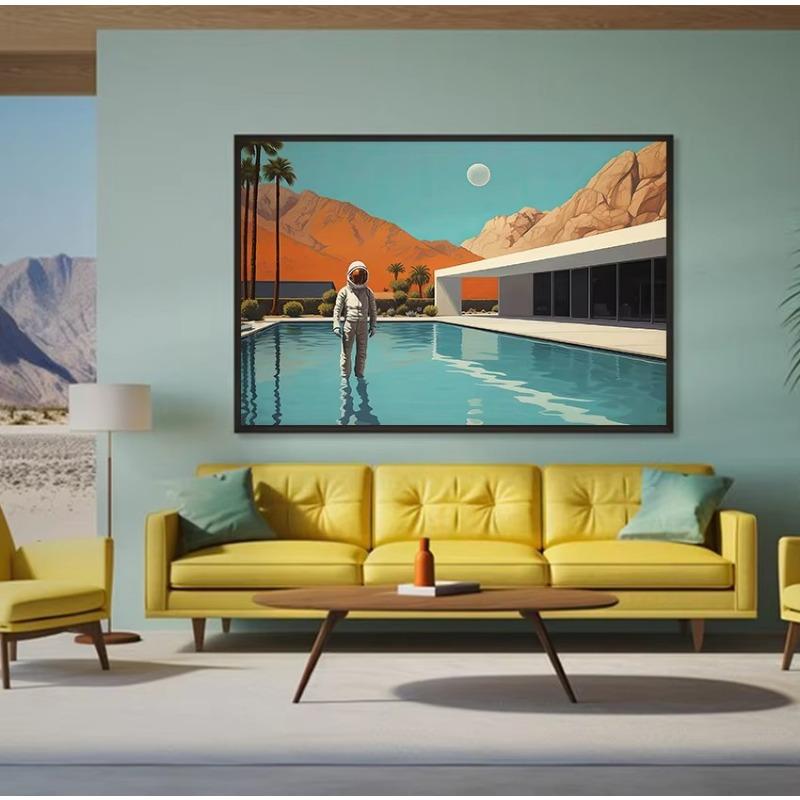 Ретро-космическая сцена середины века у бассейна, астронавты отдыхают на Марсе, постер, холст, картина, настенное искусство, картины, декор для дома