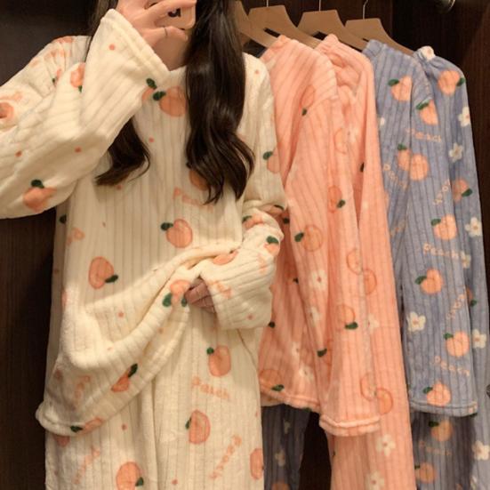 2 Pcs/Set Women Winter Pajamas Set Round Neck Cartoon Bear And Peach Pattern Long Sleeve