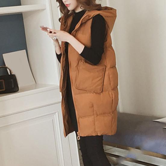 Женский осенне-зимний однотонный длинный жилет с капюшоном без рукавов и карманами на молнии, жилет с хлопковой подкладкой, верхняя одежда