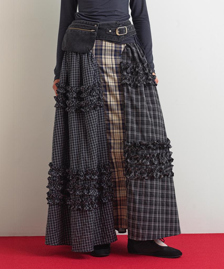 Aobteu Unbalance Frill Maxi Skirt - Check