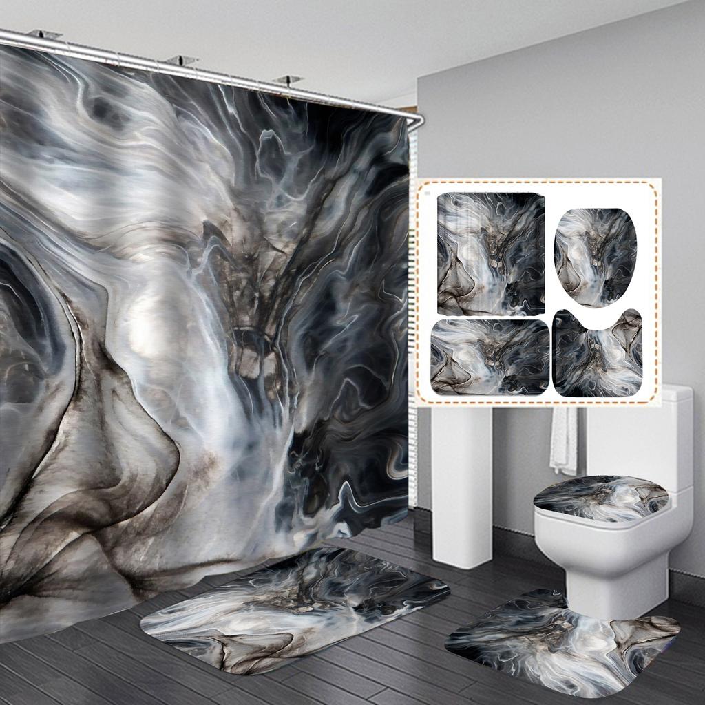 4Pcs Luxury Marble Shower Curtain Sets Bathroom Decor Sets with 12 Hooks Bath Mat Toilet Lid Rug and Non-Slip U Shape Mat