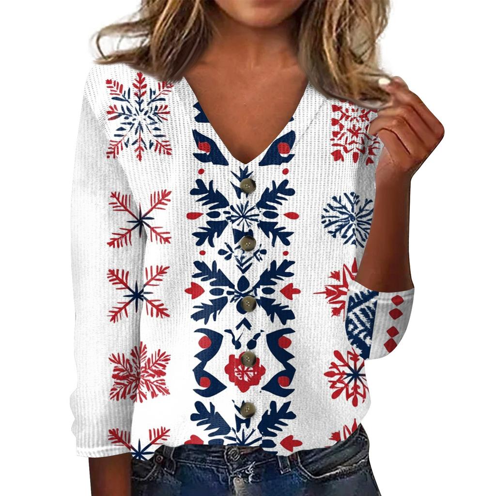 Women's Fashion Print Long Sleeve Knitted Cardigan Button Up Jacket