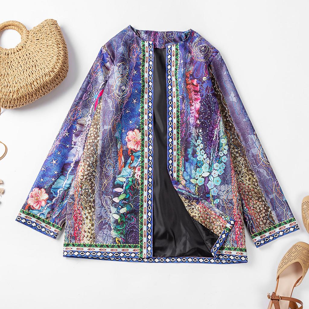Винтажный женский кардиган с принтом, свободная повседневная куртка с длинными рукавами и карманами, пальто, верхняя одежда