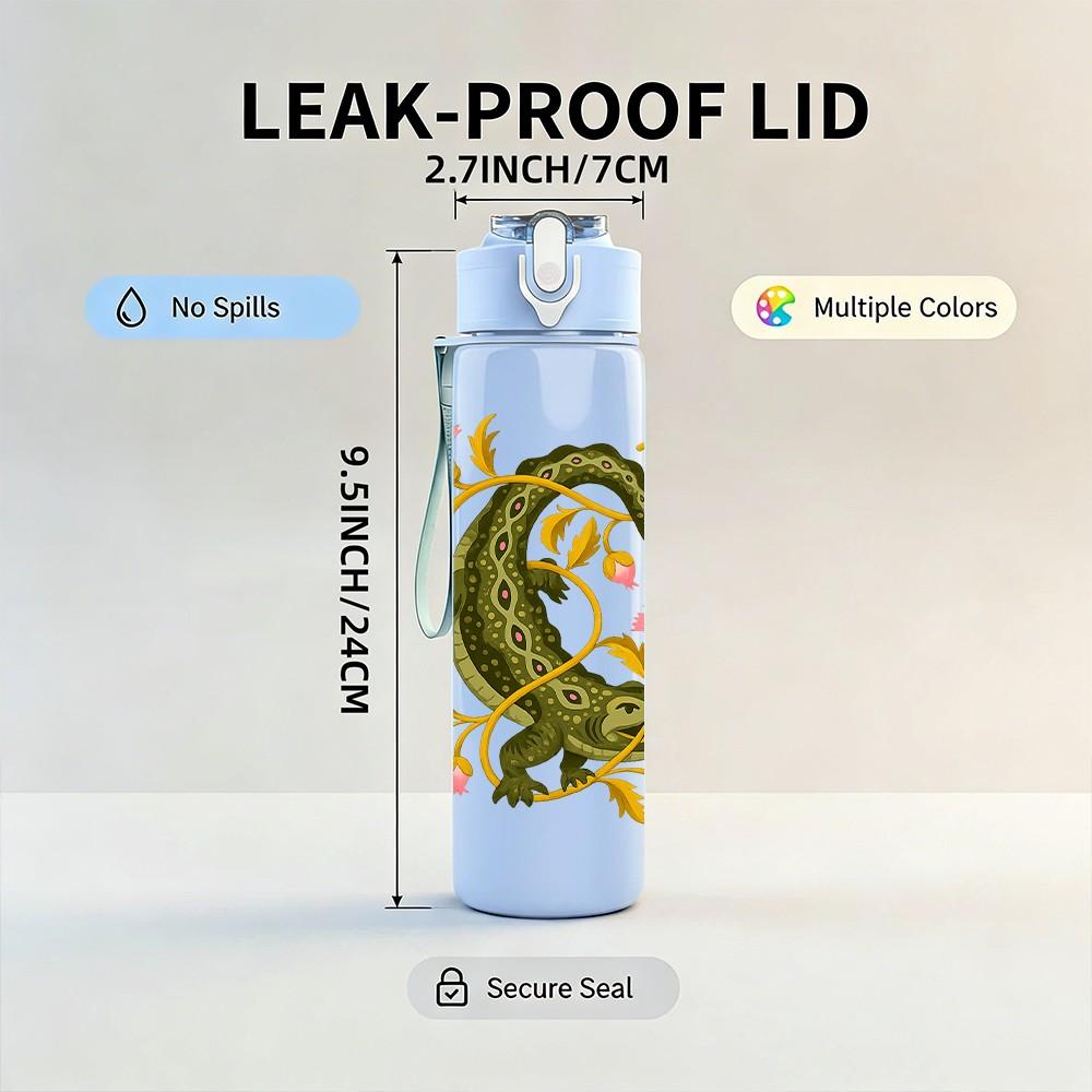 1PC Green Snake Floral Decorative Print 750ml Color Plastic Sports Water Bottle Leakproof Flip Straw Lid Suitable for Sports Office Home Use