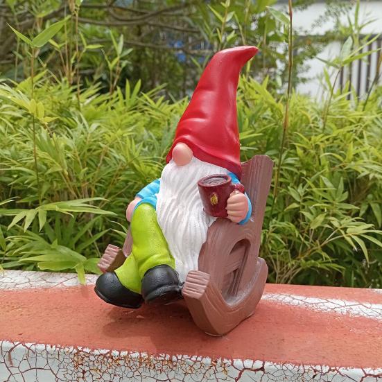 Gnome Figurine Resin Drinking Coffee Gnome Sculpture Outdoor Gnome Statue