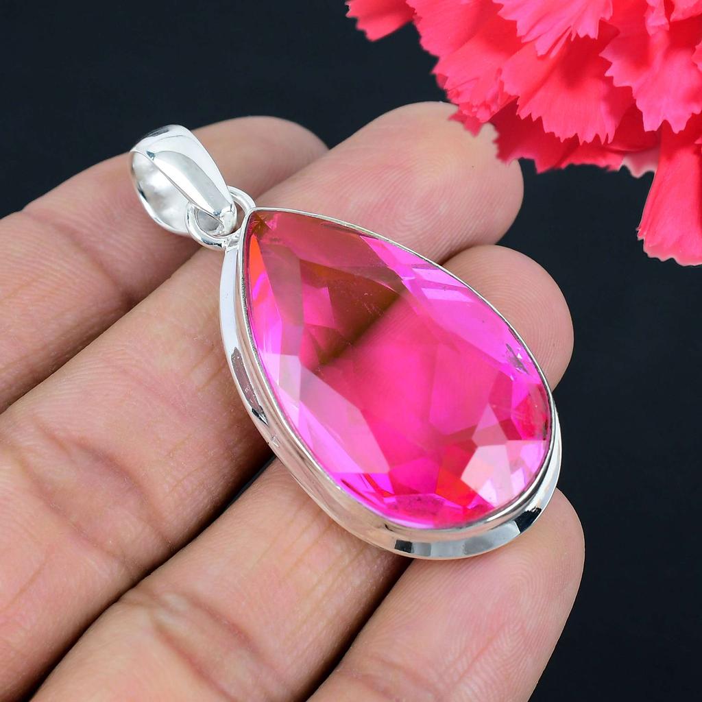 Кулон из драгоценного камня с розовым топазом, твердый кулон из стерлингового серебра 925 пробы, ювелирный подарок для унисекс