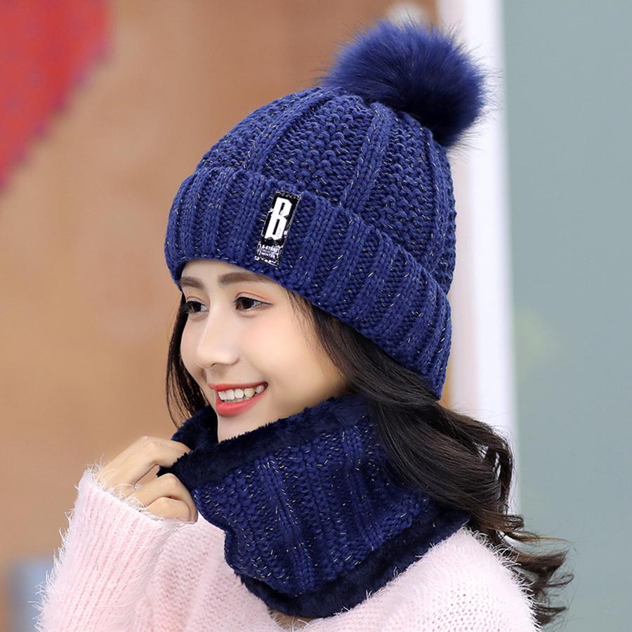 Winter Knitted Scarf Hat Set Thick Warm Skullies Beanies Hats for Women Solid Outdoor Snow Riding Ski Bonnet Caps Girl