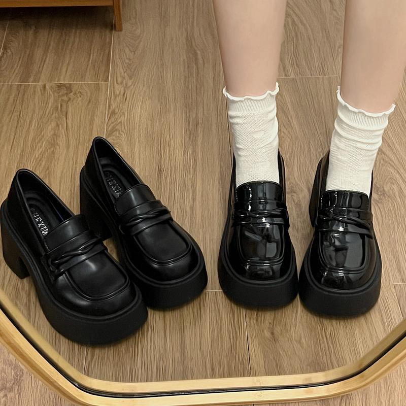Модные женские черные туфли на толстом каблуке 2024 года, туфли-лодочки из лакированной кожи на платформе, женские туфли без застежек на толстом высоком каблуке Jk Uniform Shoes Mary Janes