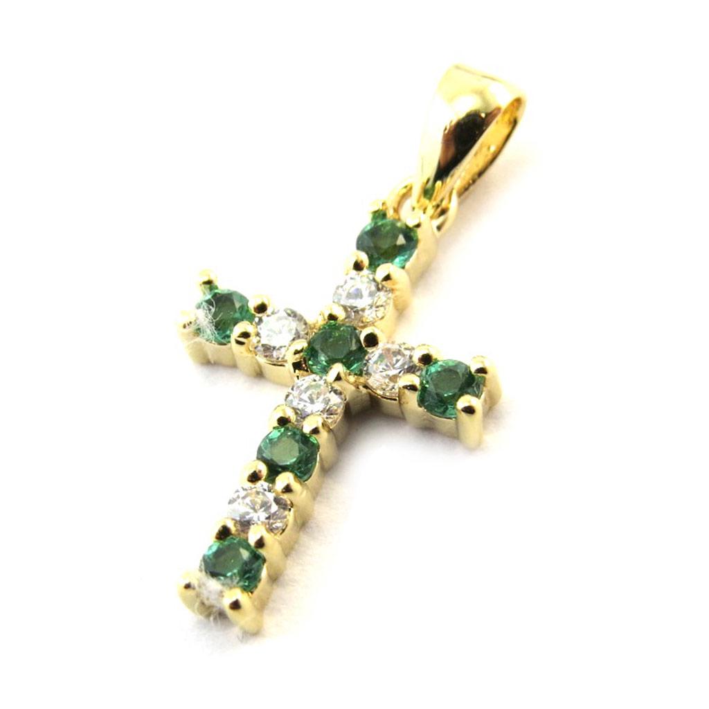 Les Trésors De Lily [N4056] - Gold Plated 'Cross' Emerald White Golden Pendant