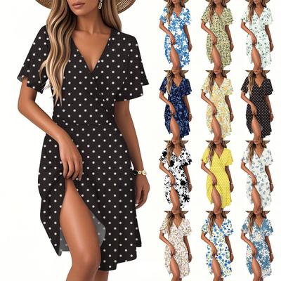 Женское повседневное модное платье с винтажным цветочным принтом и коротким рукавом и V-образным вырезом