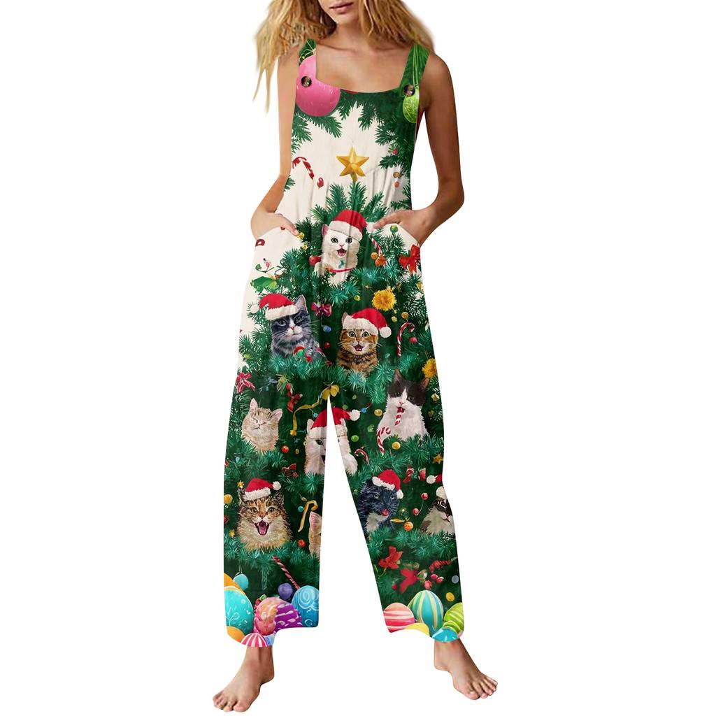 Женский повседневный комбинезон с рождественским принтом, хлопковый комбинезон без рукавов с принтом