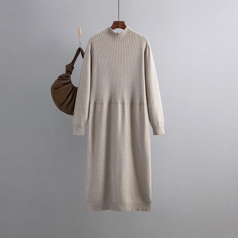 Осенне-зимнее полувысокое шерстяное платье с длинным рукавом и длинными рукавами длиной до колена трикотажное платье большого размера