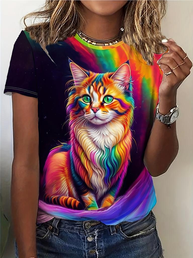 2024 Лето Новая женская футболка с 3D-цифровым принтом, креативный анималистичный узор, круглый вырез, повседневный свободный модный топ с коротким рукавом