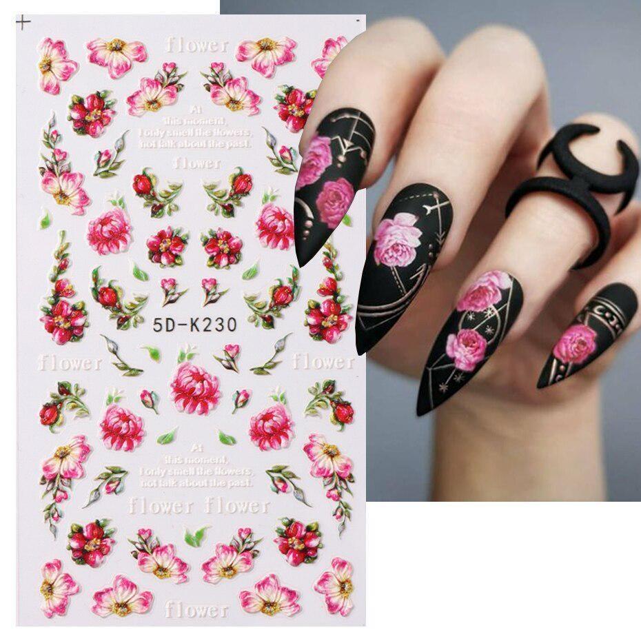 5D акварельные цветочные наклейки для ногтей с голографическими акцентами в виде листьев в фиолетовом и белом цветах