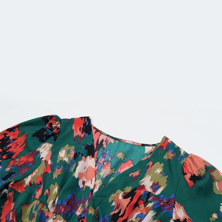 Elegant Women V-neck Chiffon Dress Long Sleeve High Waist A-Line Knee Length Print Winter Autumn