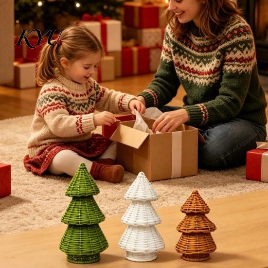 Rustic Christmas Shop Props Handwoven Rattan Tree, Cone Xmas Tree Tabletop Ornament, Compact Table Ornament Holiday Centerpiece for Mantel Fireplace