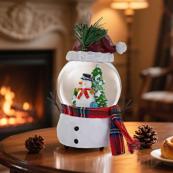 Christmas Faux Crystal Ball Ornament Cartoon Scarf Snowman Snow Ball with Music Box Home Office Holiday Party Desktop Decoration