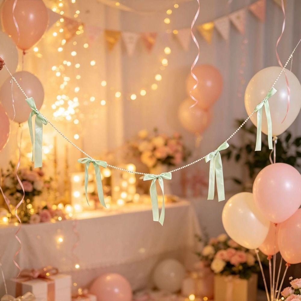 Faux Pearl Bowknot Banner Hanging Pendant Reusable Bow Beaded Garland  Birthday Decor