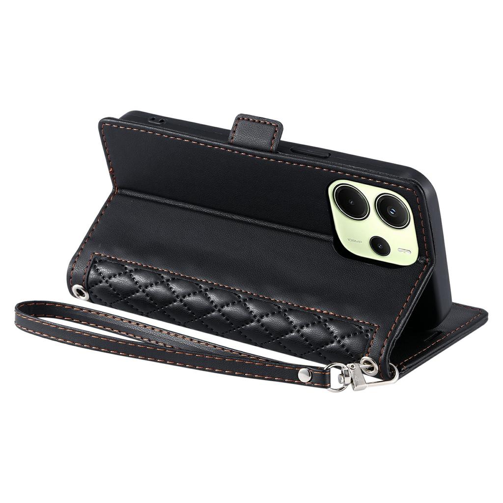 For Xiaomi Redmi Note 14 4G (163.25mm) Leather Case Rhombus Texture Wallet Stand Phone Cover with Wrist Strap