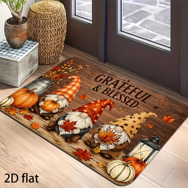 Harvest Fall Gnome Non‑Slip Doormat, Grateful & Blessed Pumpkin Maple Leaf Welcome Rug, Entry Mat for Front Door Porch Indoor
