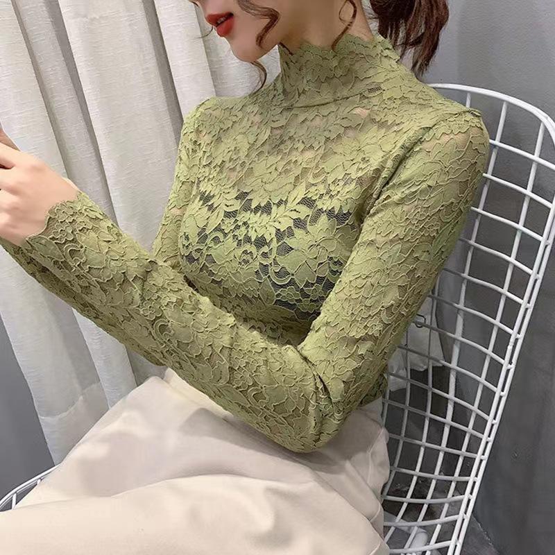 Осенне-зимний кружевной сетчатый топ с высоким воротником, облегающий, с длинными рукавами, женский