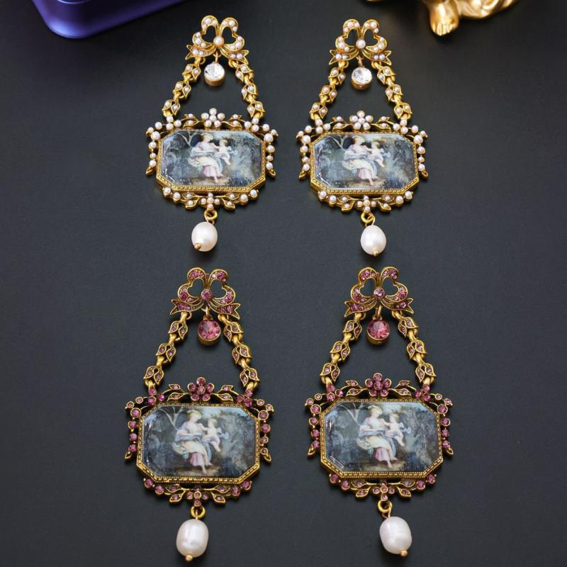 Ретро Элегантные Серьги в Форме Бантиков Дворцовый Стиль Пресноводный Жемчуг Эмалированная Роспись Украшение для Ушей для Женщин Вечерние Ювелирные Изделия Подарок