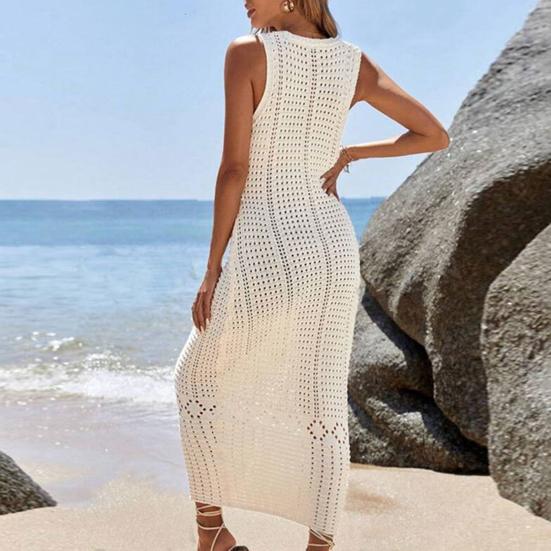 Women Beach Cover Up Sundress V Neck Crochet Hollow Out Maxi Dress Knitted Adjustable Straps Sun Protection Beachwear