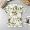 Plant Print Fitted Short Sleeve Top Bodycon Mini Skirt,Comfy Fabric,Minimalist Fresh Style,Perfect for Beach Vacation,Daily Casual Home Wear