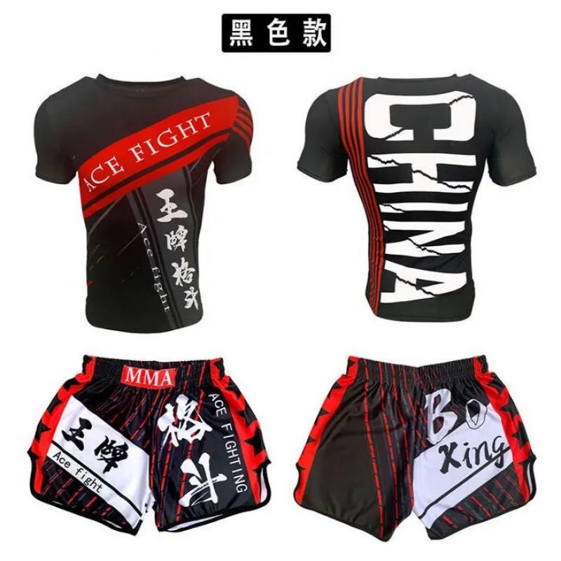 Mens Boxing Rash Guard Set UFC Training Short Sleeve Top Shorts MMA Kickboxing Gym