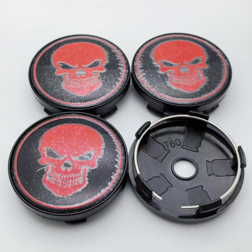4pcs 60MM ( 56MM I.D) Skull Logo Emblem Car Wheel Center Caps Styling Accessories for Wheels Hub Rim Hubcaps Cover Badge Replace