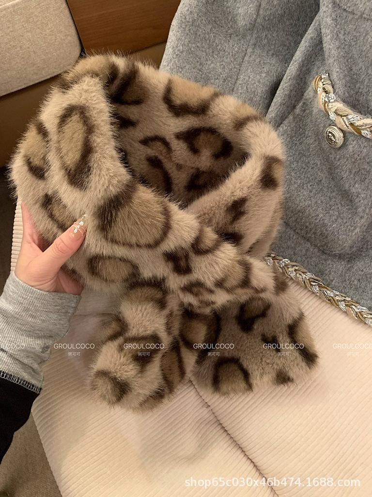 Leopard Print Mongolian Hat Plush Bear Hat Women's Autumn and Winter Imitation Mink Bucket Hat Versatile Scarf Scarf