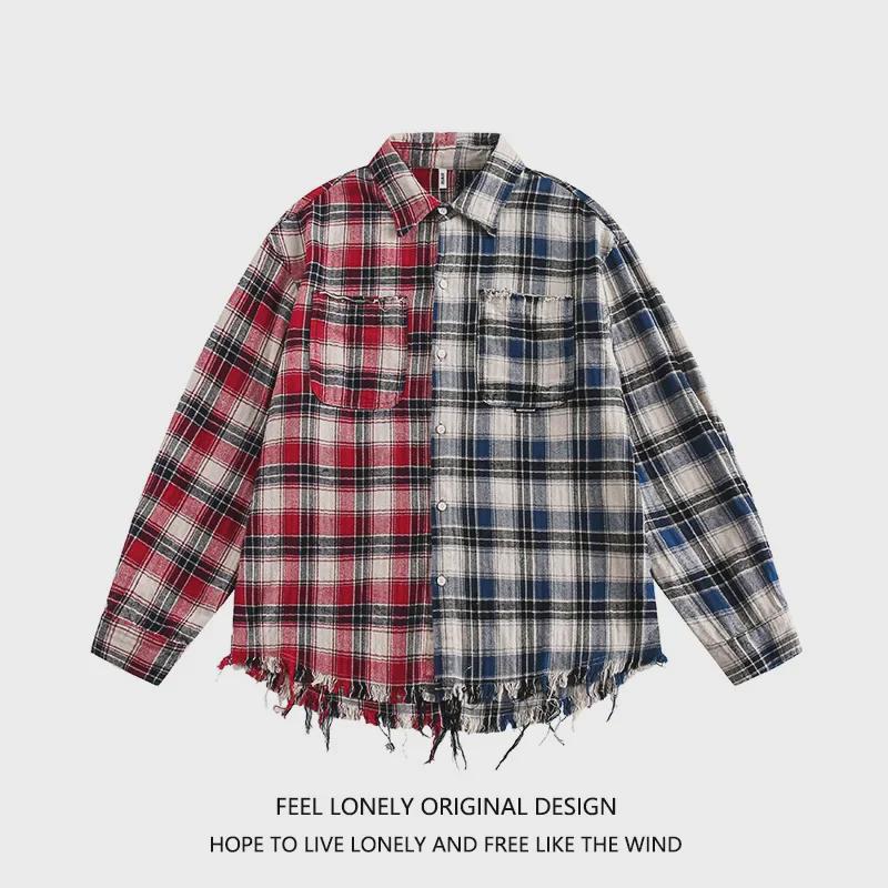 Мужская рубашка свободного кроя в клетку с красной строчкой в стиле High-Street - весна/осень 2024 г.