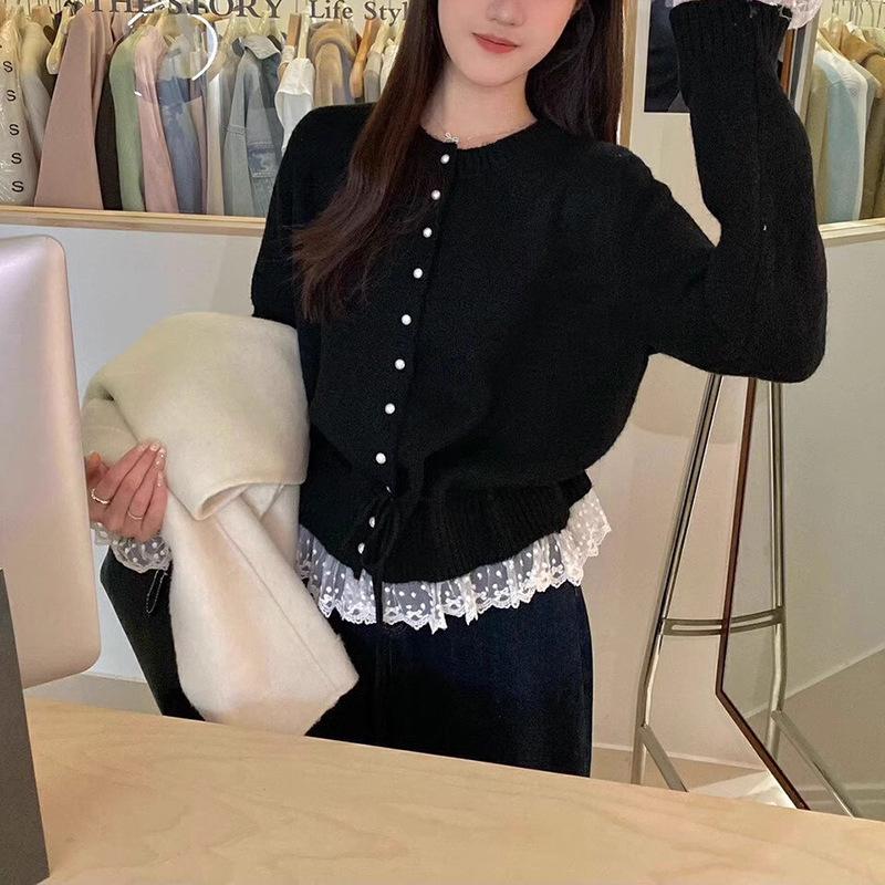 Весенне-осенний новый кружевной кардиган, сладкий вязаный топ, женский приталенный кружевной свитер-жакет для женщин
