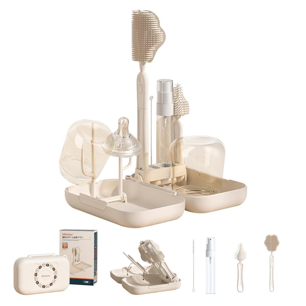 Kumomi Travel Baby Bottle Cleaner, Silicone, Foldable, Portable, Bottle Drainer, Water Bottle Washing Brush, Drying Rack, Disinfectant, Detergent