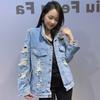 Autumn Beaded and Ripped Denim Jacket Women's Washable Denim Top Trendy Brand