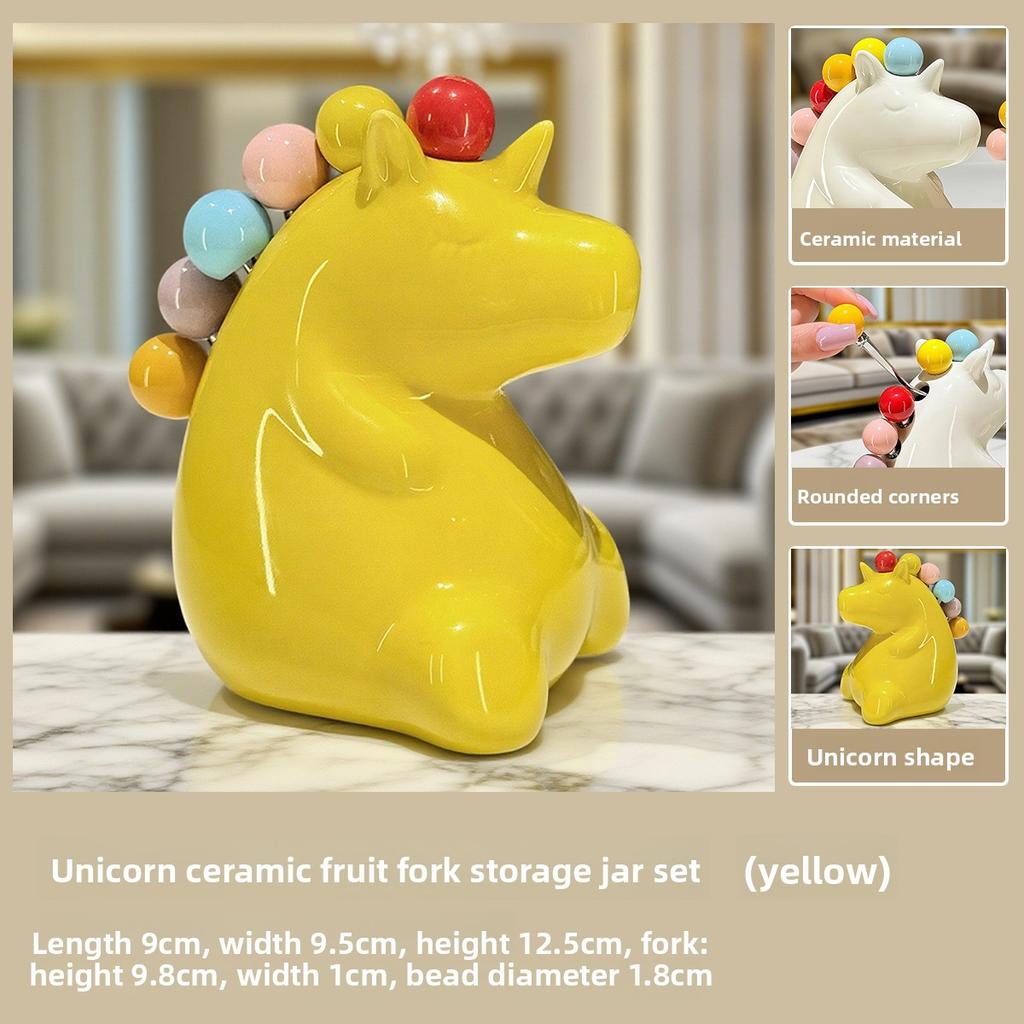 Dinosaur Unicorn Stainless Steel Fruit Fork for Home, Lightweight Luxury, High-end Feel, Child-Safe Ceramic Fork Storage Jar