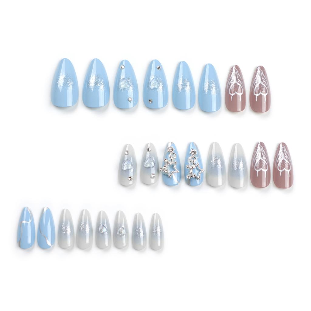 24 Pieces Blue Almond Nail Art Nail Piece Star Love Wear Nail Nail Nail Patch Nail Art Piece False Nail