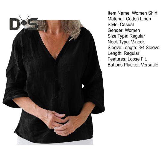 Женская рубашка свободного кроя с V-образным вырезом и рукавом 3/4, летняя застежка на пуговицы, однотонная повседневная футболка на каждый день