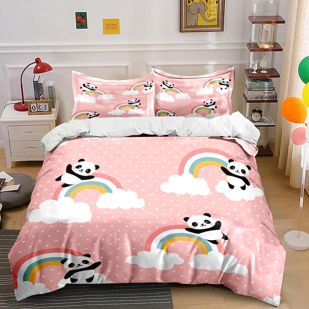 Cute Panda and Rainbow Pattern Bedding Duvet Cover Set Duvet Cover Pillowcases (1*Duvet Cover 2*Pillowcases, without duvet insert)