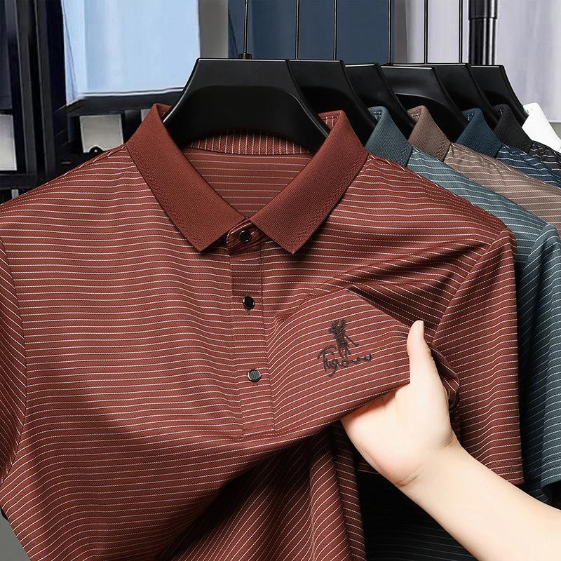 Рубашка поло с коротким рукавом, мужская повседневная дышащая тонкая пряжа, полосатая вышитая футболка с лацканами