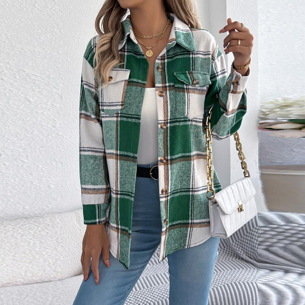 Women's Casual Plaid Fake Pocket Long-sleeved Woolen Mid-length Coat