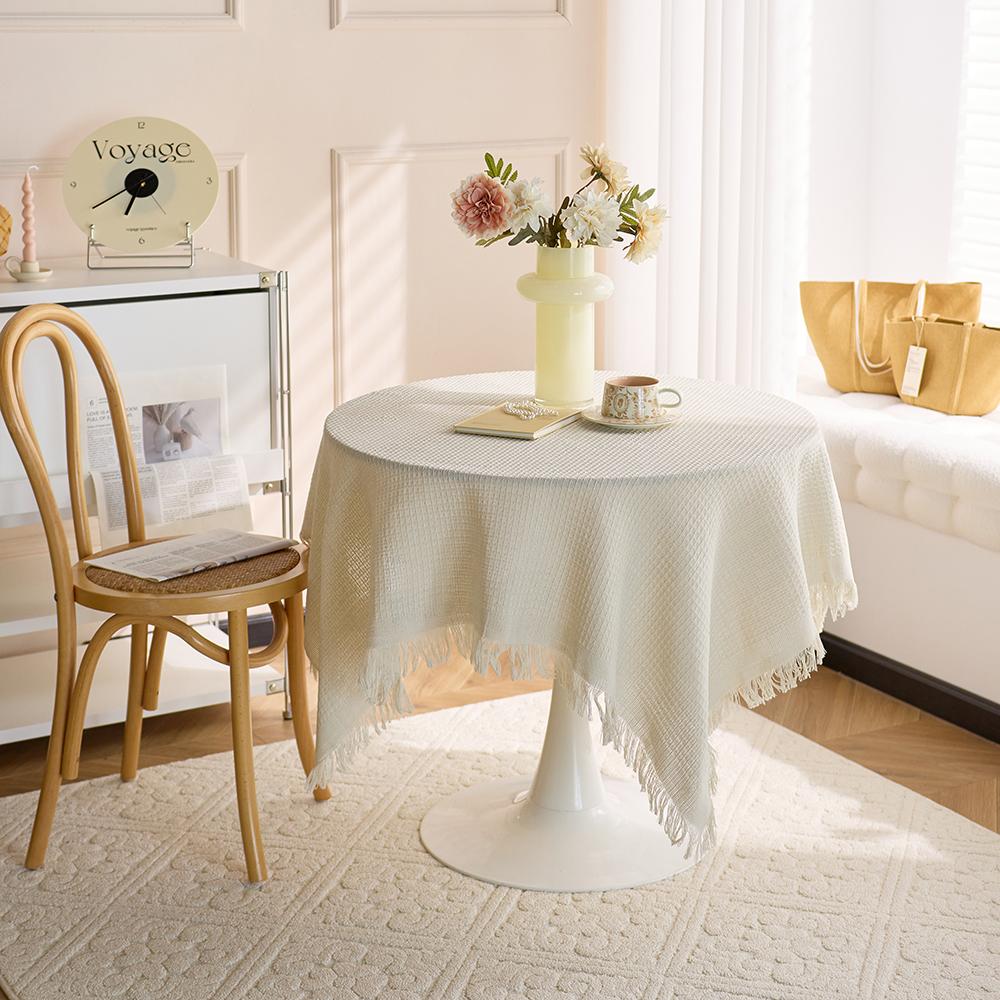 Creamy White Heavy Cotton Tablecloth Square Small/Fringed Table Cloth/Coffee Table Cloths/End Table Covers for Table Decoration