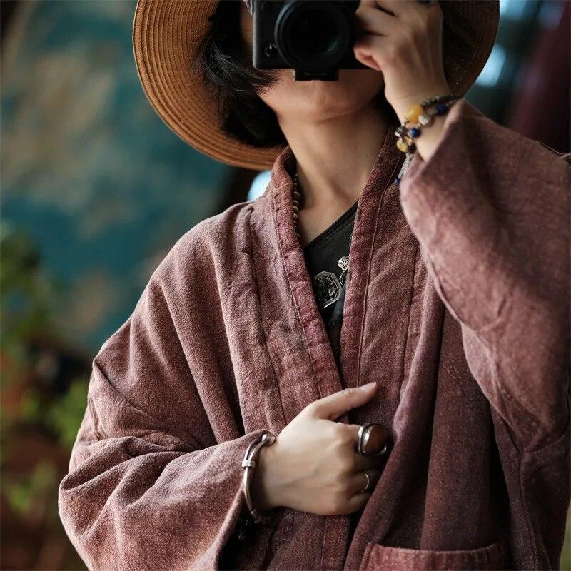 Johnature Women Vintage Cotton Linen Parkas Patchwork Pockets Loose Winter Coats Long Sleeve Plus Cotton Long Parkas