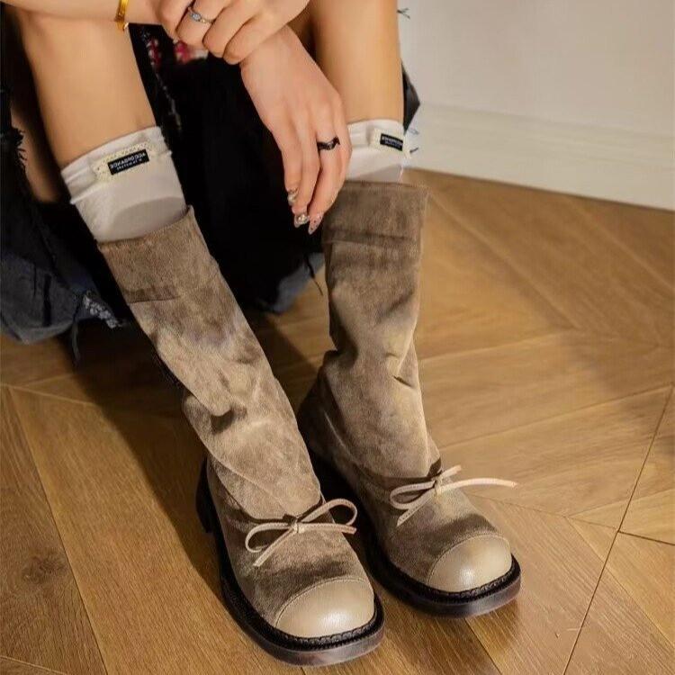 Женские сапоги Maillard Wind Boots 2024 года на платформе с бантом на толстом каблуке и бархатные сапоги для верховой езды